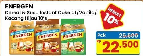 Promo Harga Energen Cereal Instant Chocolate, Vanilla, Kacang Hijau per 10 sachet 30 gr - Indomaret