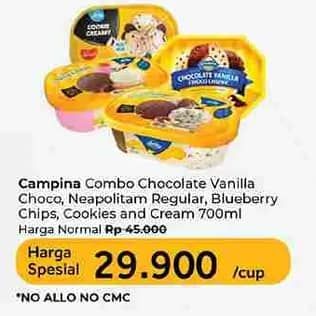 Promo Harga Campina Ice Cream Chocolate Vanilla Choco Chunk, Neapolitan, Blueberry Choco Chunk, Cookie Creamy 700 ml - Carrefour