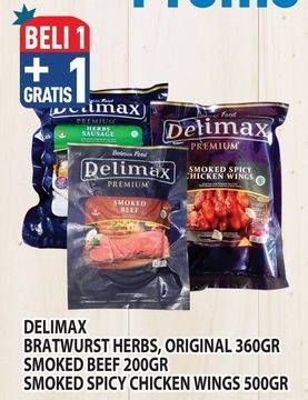 Promo Harga Delimax Bratwurst/Smoked Beef/Smoked Spicy Chicken Wing  - Hypermart
