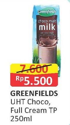 Promo Harga GREENFIELDS UHT Full Cream, Choco 250 ml - Alfamart