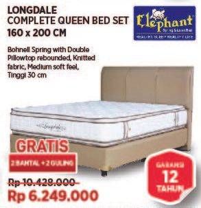 Elephant Longdale Complete Queen Bed Set 160x200cm  Diskon 40%, Harga Promo Rp6.249.000, Harga Normal Rp10.428.000, Bohnell Spring With Double Pillowtop Rebounded, Knitted Fabric, Medium Soft Feel, Tinggi 30 cm, Gratis 2 Bantal + 2 Guling, Garansi 12 Tahun