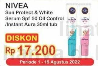 Promo Harga Nivea Sun Face Serum Protect & White SPF 50+ Instant Aura, Oil Control 30 ml - Indomaret