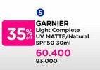 Promo Harga Garnier Light Complete Super UV SPF 50+ PA+++ Matte Finish, SPF 50+ PA+++ Natural Finish 30 ml - Watsons