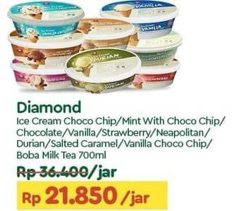 Promo Harga Diamond Ice Cream Mint With Chocolate Chip, Vanilla With Chocolate Chip, Chocolate With Chocolate Chip, Stroberi, Salted Caramel, Durian, Neapolitan, Vanila, Cokelat 700 ml - TIP TOP