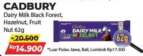 Promo Harga Cadbury Dairy Milk Black Forest, Hazelnut, Fruit Nut 62 gr - Alfamart