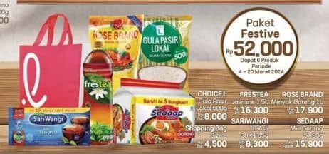 Harga Choice L Gula Pasir + Freshtea + Rose Brand Minyak Goreng + Lotte Shopping Bag + Sariwangi + Sedaap Mie Goreng