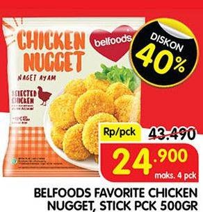 Promo Harga BELFOODS Nugget Chicken Nugget, Chicken Nugget Stick 500 gr - Superindo