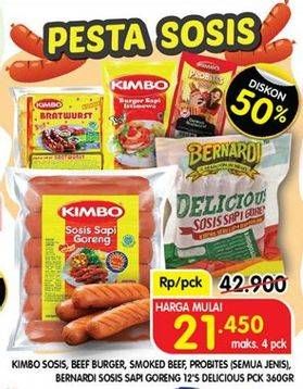 Promo Harga KIMBO Sosis, Beef Burger, Smoked Beef, Probites (semua varian)/ BERNARDI Delicious Sosis Sapi Goreng 12s  - Superindo