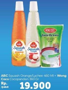 Promo Harga ABC Syrup Squash Orange/Lychee 460ml + WONG COCO Nata De Coco Cocopandan 360gr  - Carrefour