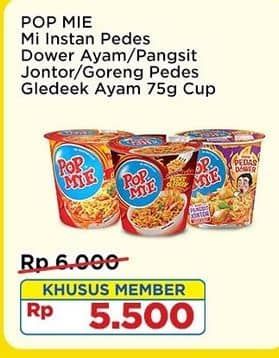 Promo Harga Indomie Pop Mie Instan Kuah Pedes Dower Ayam, Pedes Dower Pangsit Jontor, Goreng Pedes Gledeek Ayam 75 gr - Indomaret