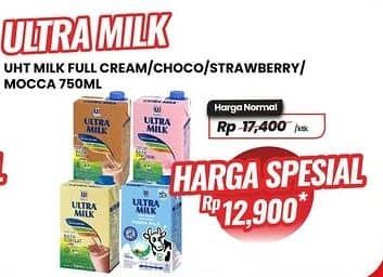 Promo Harga Ultra Milk Susu UHT Full Cream, Coklat, Stroberi, Moka 750 ml - Carrefour