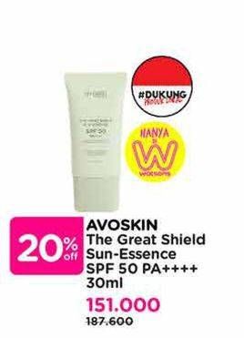 Promo Harga Avoskin The Great Shield Sunscreen SPF 50 PA++++ 30 ml - Watsons