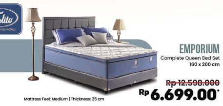 Elite Emporium Complete Queen Bed Set  Diskon 46%, Harga Promo Rp6.699.000, Harga Normal Rp12.598.000, Mattress Feel Medium
Thickness 35 cm