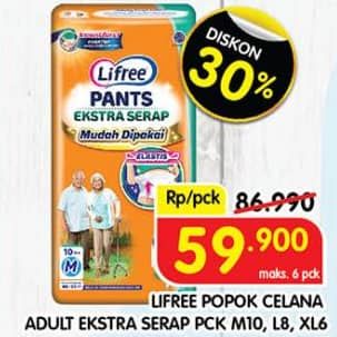 Promo Harga Lifree Popok Celana Ekstra Serap L8, M10, XL6 6 pcs - Superindo