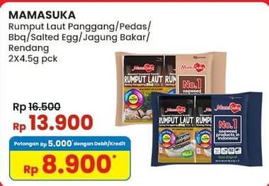 Promo Harga Mamasuka Rumput Laut Panggang Original, Pedas, BBQ, Salted Egg, Jagung Bakar, Rendang per 2 bungkus 4 gr - Indomaret