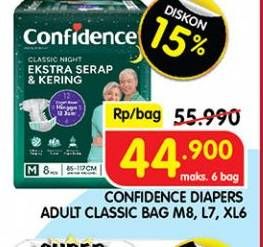 Promo Harga Confidence Adult Classic Night Ekstra Serap & Kering L7, M8, XL6 6 pcs - Superindo
