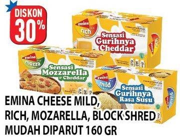 Promo Harga EMINA Cheddar Cheese Mozza, Rich, Shred, Mild 160 gr - Hypermart