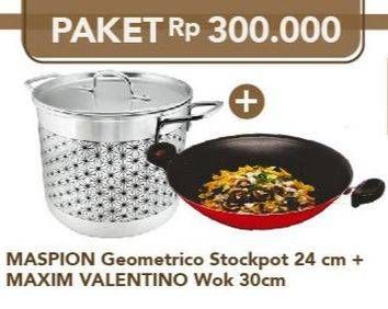 Promo Harga MASPION Geometrico Stock Pot +  MAXIM Valentino Wok 30cm  - Carrefour