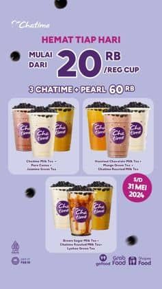 Promo Chatime Mulai 20rb per cup untuk 3 Chatime + Pearl