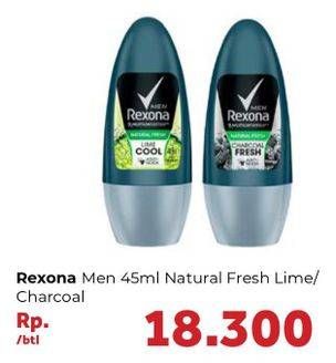 Promo Harga REXONA Men Deo Roll On Natural Fresh Lime Cool, Charcoal Fresh 45 ml - Carrefour