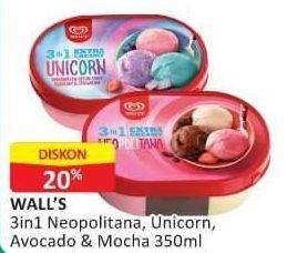 Promo Harga WALLS Ice Cream Neopolitana, Unicorn 3 In 1, Avocado Choco Mocha 350 ml - Alfamart