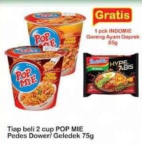 Promo Harga INDOMIE POP MIE Instan Kuah Pedes Dower Ayam, Goreng Pedes Gledeek Ayam per 2 pcs 75 gr - Indomaret
