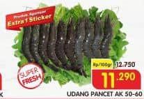 Udang Pancet per 100 gr Diskon 11%, Harga Promo Rp11.290, Harga Normal Rp12.750, Produk Sponsor Extra 1 Stiker