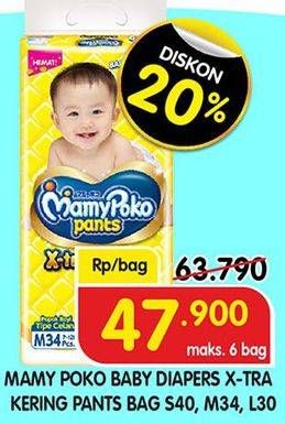 Promo Harga Mamy Poko Pants Xtra Kering L30, S40, M34 30 pcs - Superindo