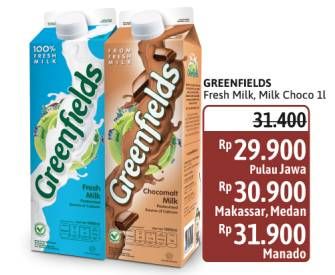 Promo Harga Greenfields Fresh Milk Full Cream, Choco Malt 1000 ml - Alfamidi