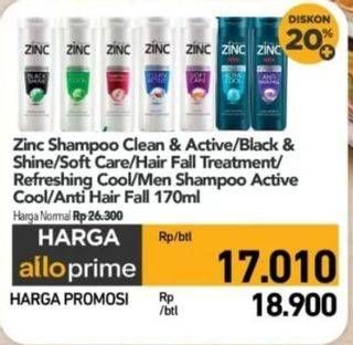 Promo Harga Zinc Shampoo Clean Active, Black Shine, Soft Care, Hair Fall Treatment, Refreshing Cool, Men Active Cool, Men Hair Fall 170 ml - Carrefour