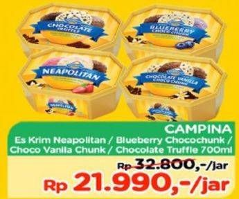 Promo Harga CAMPINA Ice Cream Neapolitan, Blueberry Choco Chunk, Vanilla, Chocolate Truffle 700 ml - TIP TOP