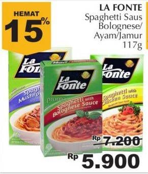 Promo Harga LA FONTE Spaghetti Instant Bolognese Sauce, Chicken Sauce, Mushroom Sauce 117 gr - Giant