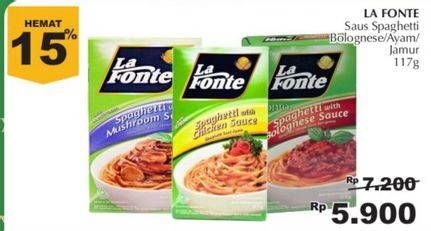 Promo Harga LA FONTE Spaghetti Instant Bolognese Sauce, Chicken Sauce, Mushroom Sauce 117 gr - Giant