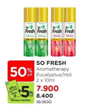 Promo Harga So Fresh Minyak Angin Aromatherapy Eucalyptus, Hot per 2 pcs 10 ml - Watsons