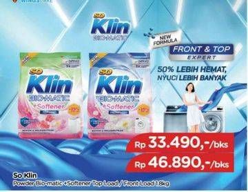 Promo Harga So Klin Biomatic Powder Detergent +Softener Top Load 1800 gr - TIP TOP