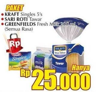 Promo Harga Paket (1pc Kraft Singles 5's + 1 Sari Roti Tawar +1pc Greenfields Fresh Milk 200ml )  - Giant