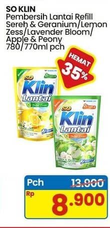 Promo Harga So Klin Pembersih Lantai Sereh Lemongrass, Kuning Citrus Lemon, Ungu Floral Lavender, Hijau Fruity Apple 780 ml - Indomaret