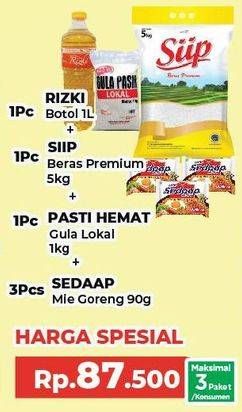 Rizki Minyak Goreng + Siip Beras Premium + Pasti Hemat Gula Pasir Lokal + Sedaap Mie Goreng