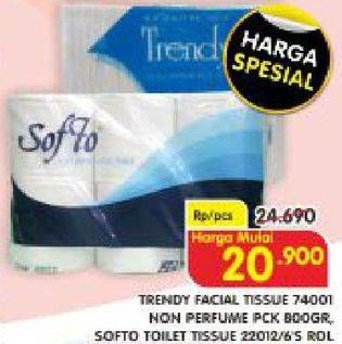 Promo Harga TRENDY Facial Tissue 74001 800gr / SOFTO Toilet Tissue 22012 6 roll  - Superindo