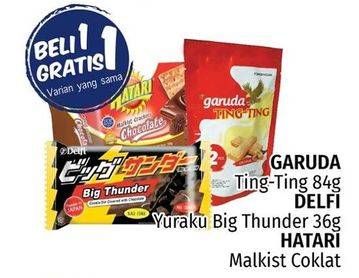 Promo Harga GARUDA Ting Ting 84 g/DELFI Yuraku Big Thunder 36 g/HATARI Malkist Coklat  - LotteMart