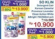 Promo Harga So Klin Liquid Detergent Korean Camelia, Provence Lavender, Power Clean Action White Bright 565 ml - Indomaret
