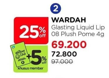 Wardah Glasting Liquid Lip  Diskon 24%, Harga Promo Rp72.800, Harga Normal Rp97.000, Khusus Member Rp. 69.200, Khusus Member