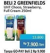 Promo Harga GREENFIELDS UHT Choco, Strawberry, Full Cream per 2 pcs 250 ml - Alfamidi