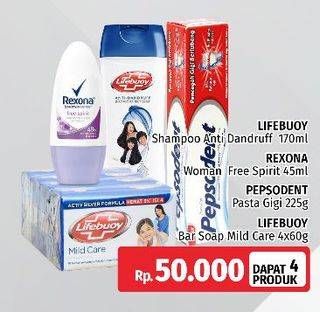 Promo Harga LIFEBUOY Shampoo + REXONA Deo Roll On + PEPSODENT Pasta Gigi Pencegah GIgi Berlubang + LIFEBUOY Bar Soap  - LotteMart