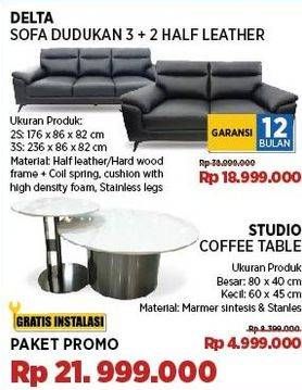 Promo Harga Delta Sofa 3 + 2 Dudukan Bahan Half Leather/Studio Coffee Table   - COURTS