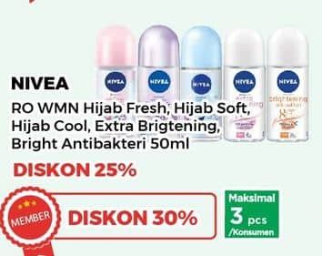 Promo Harga Nivea Deo Roll On Whitening Hijab Fresh, Bright Hijab Soft, Brightening Hijab Cool, Extra Whitening, Whitening Antibakteri 50 ml - Yogya