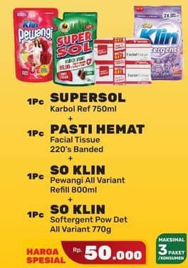 Promo Harga Supersol Karbol + Pasti Hemat Facial Tissue + So Klin Pewangi + So Klin Softergent  - Yogya