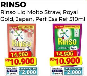 Promo Harga Rinso Liquid Detergent + Molto Korean Strawberry, + Molto Royal Gold, + Molto Japanese Peach 565 ml - Alfamart