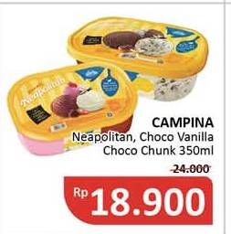 Promo Harga CAMPINA Ice Cream Neapolitan, Chocolate Chunks, Vanilla 350 ml - Alfamidi