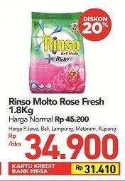 Promo Harga RINSO Anti Noda Deterjen Bubuk + Molto Pink Rose Fresh 1800 gr - Carrefour